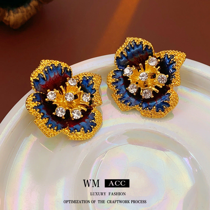 Vintage Floral Geometric Earrings with Enamel Finish and Rhinestone Inlay for Women Alloy Studs with Stainless Steel Posts