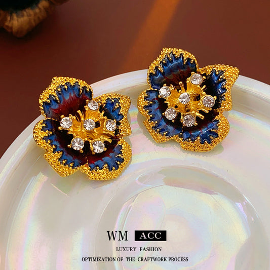 Vintage Floral Geometric Earrings with Enamel Finish and Rhinestone Inlay for Women Alloy Studs with Stainless Steel Posts