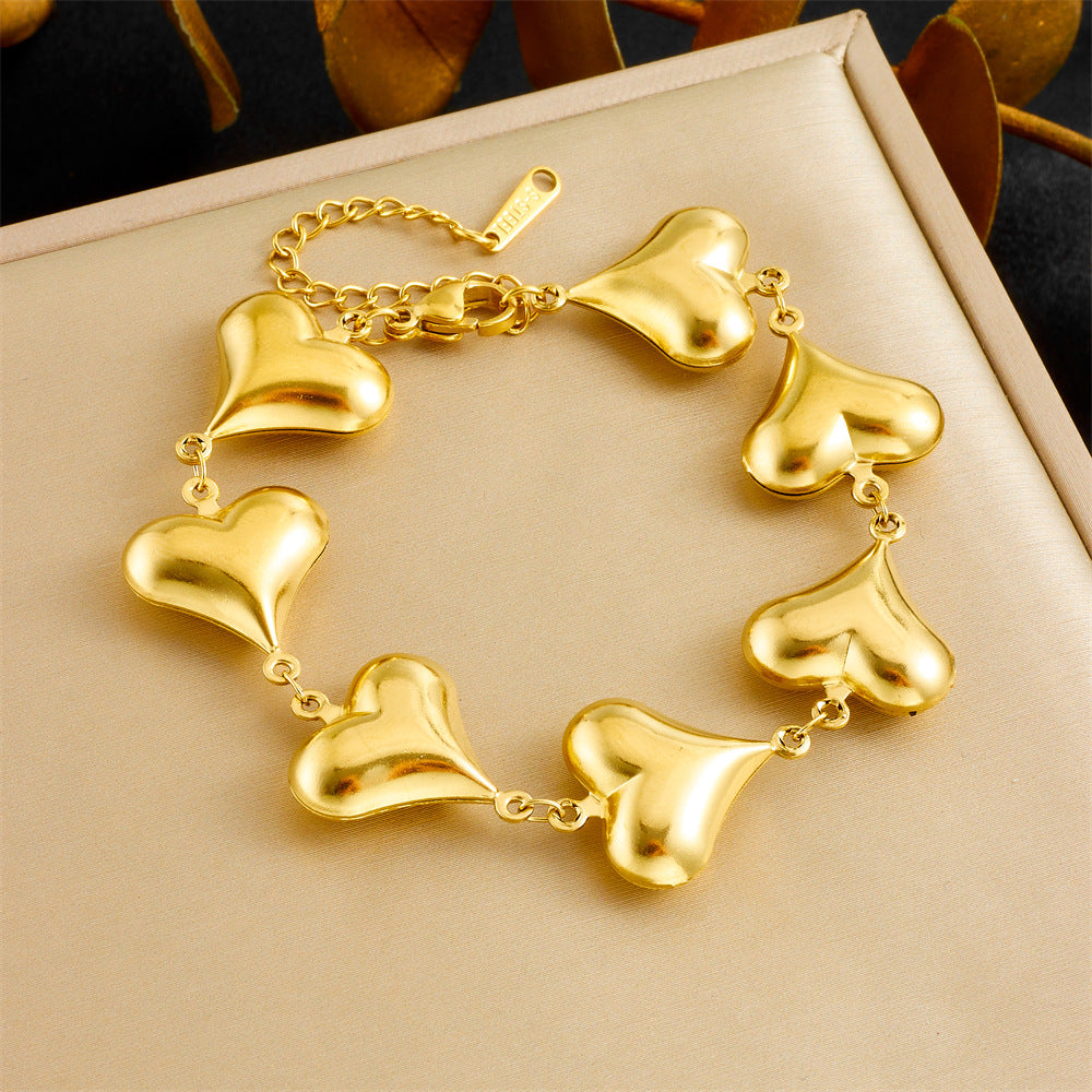 Minimalist Polished Stainless Steel Heart Cable Chain Necklace and Bracelet Set for Women