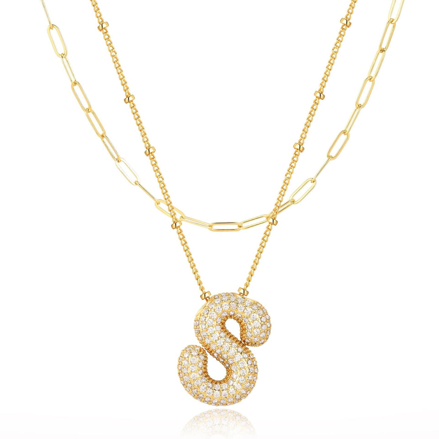18K Gold Plated Brass Double Layer Letter Necklace Micro Pave Cubic Zirconia Serpentine Chain Women's Jewelry