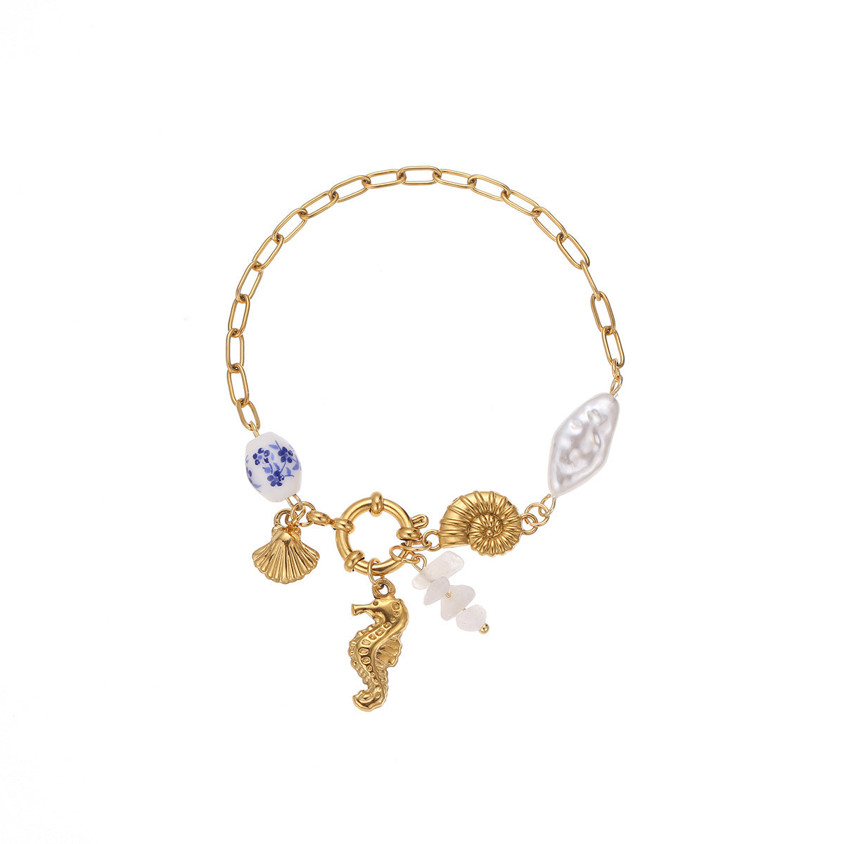Fashionable Ocean Vacation Style Seashell and Shell Shaped Stainless Steel Bracelet with Geometric Design and Plated Finish for Women
