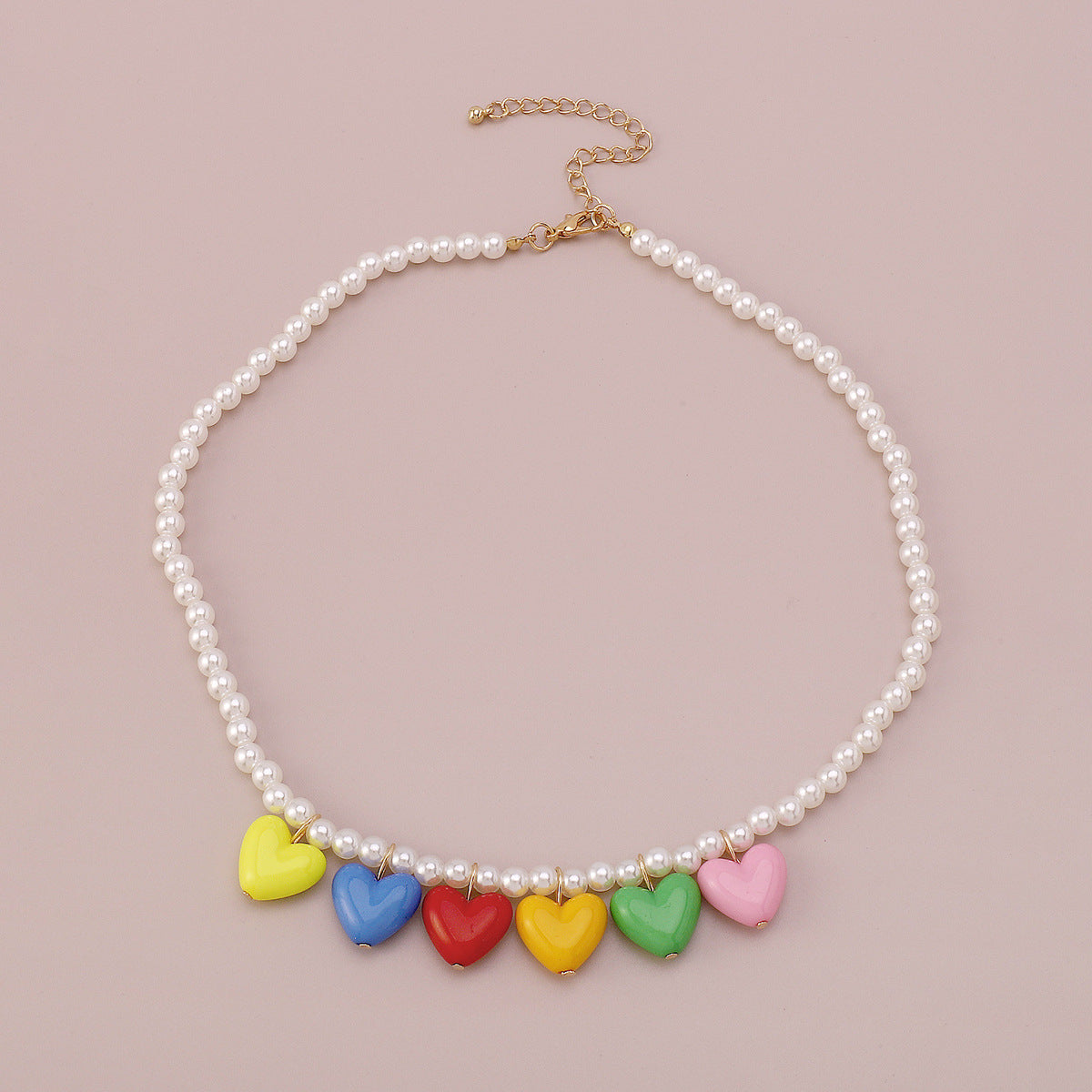 Cute Heart-Shaped Alloy Necklace with Imitation Pearl and Resin Pendant on Beaded Chain