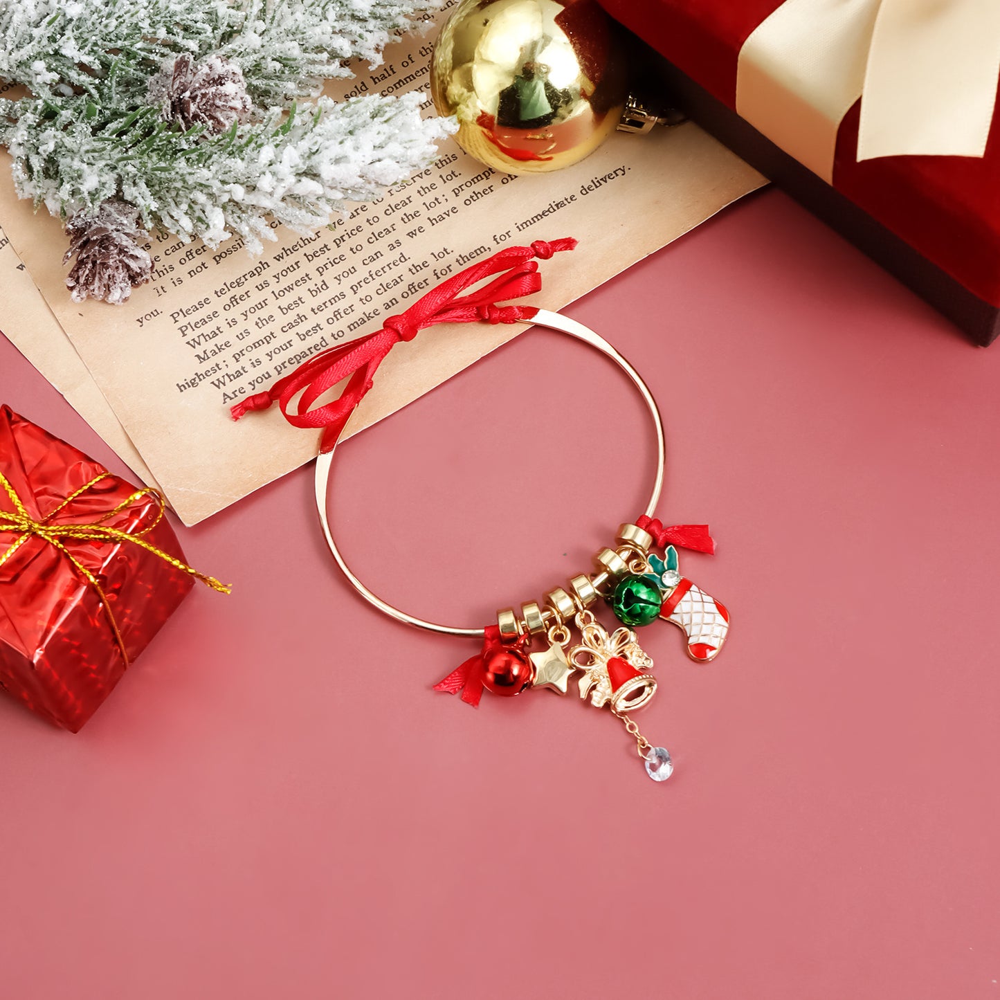Cartoon Alloy Plated Bow Bracelet with Christmas Bell Charm