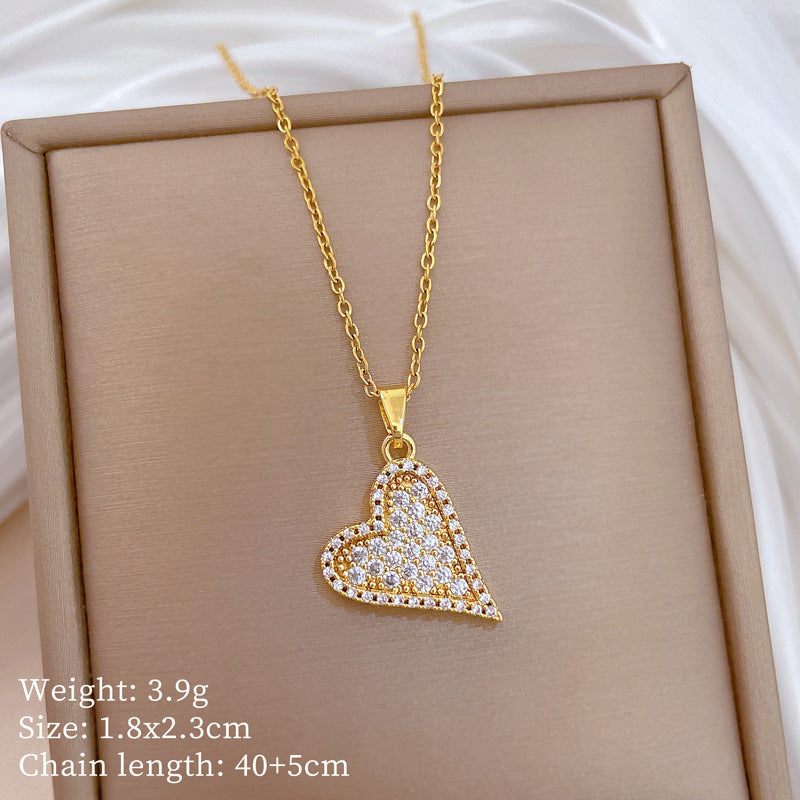 Sweet Minimalist Hollow Heart Geometric Rhinestone Plated Titanium Steel Necklace for Unisex