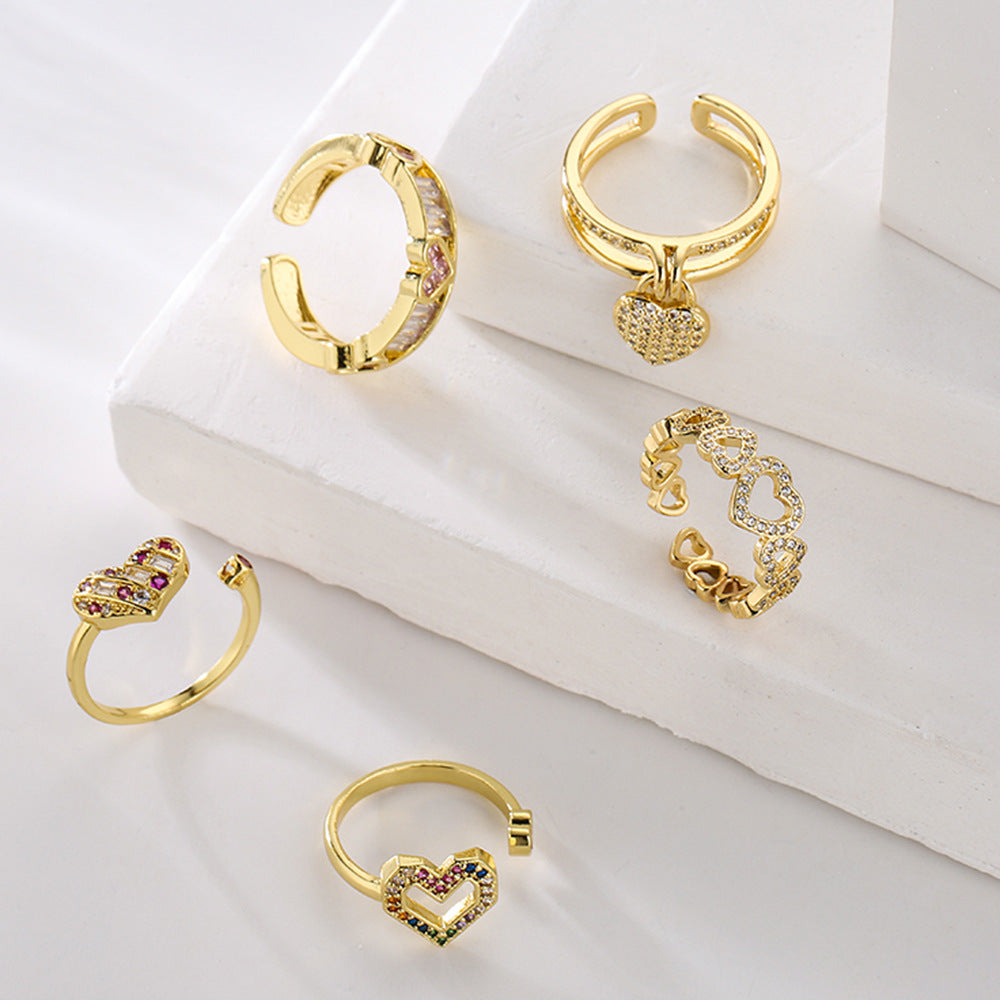Anello a cuore vuoto geometrico da donna in ottone placcato oro 18K con micro incastonatura a pavé