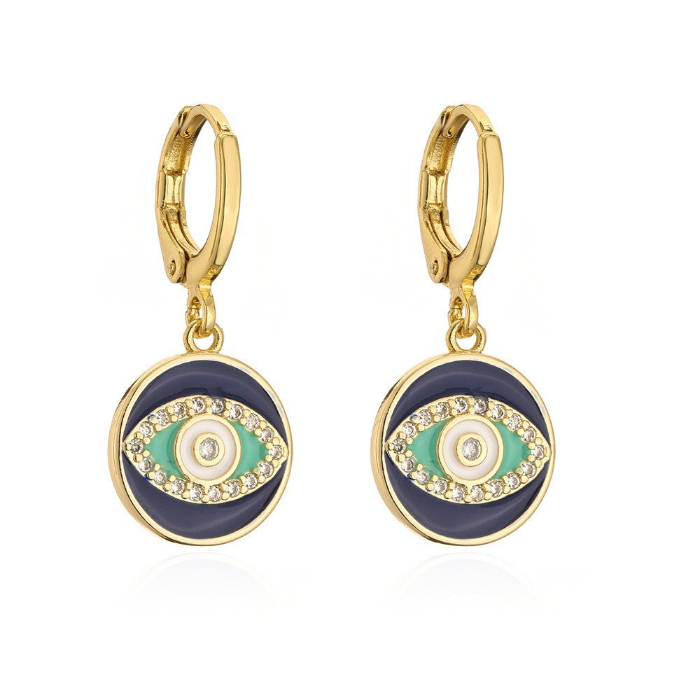 Orecchini da donna in rame in stile bohémien con placcatura in oro 18 carati e design a occhio di Allah geometrico smaltato in zirconia