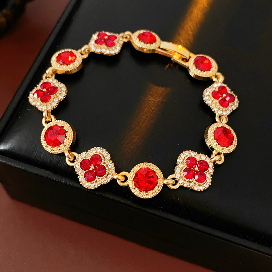 Vintage Floral Rhinestone Inlay Brass Bracelet for Women
