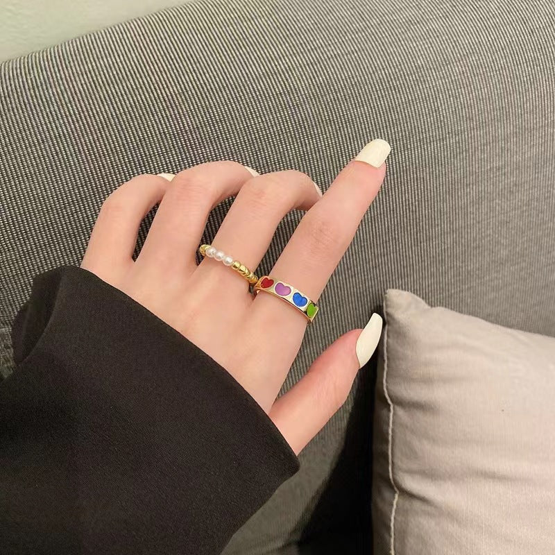 Sweet Minimalist Heart-Shaped Alloy Ring Set with Rhodium Plating for Women, Geometric Design Pearl Accent Stackable Band