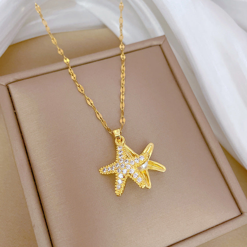Luxury Titanium Steel Starfish Pearl Necklace with Full Rhinestone Inlay for Women, Geometric Design Delicate Clavicle Chain