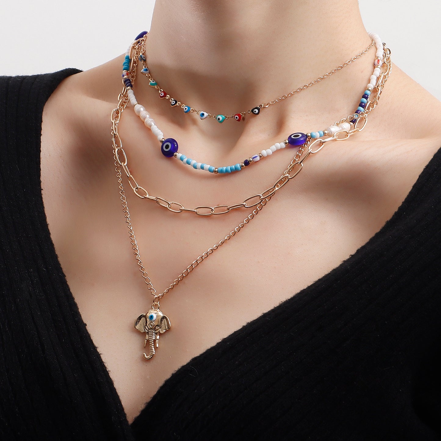 Bohemian Multi-Layer Heart-Shaped Evil Eye Beaded Necklace for Women with Alloy Pendant and Plated Finish