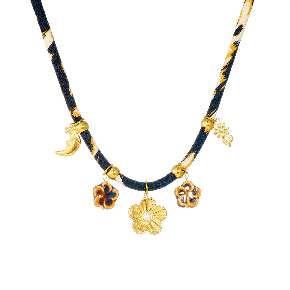 Vintage Gold Plated Stainless Steel Floral Moon Leopard Print Necklace