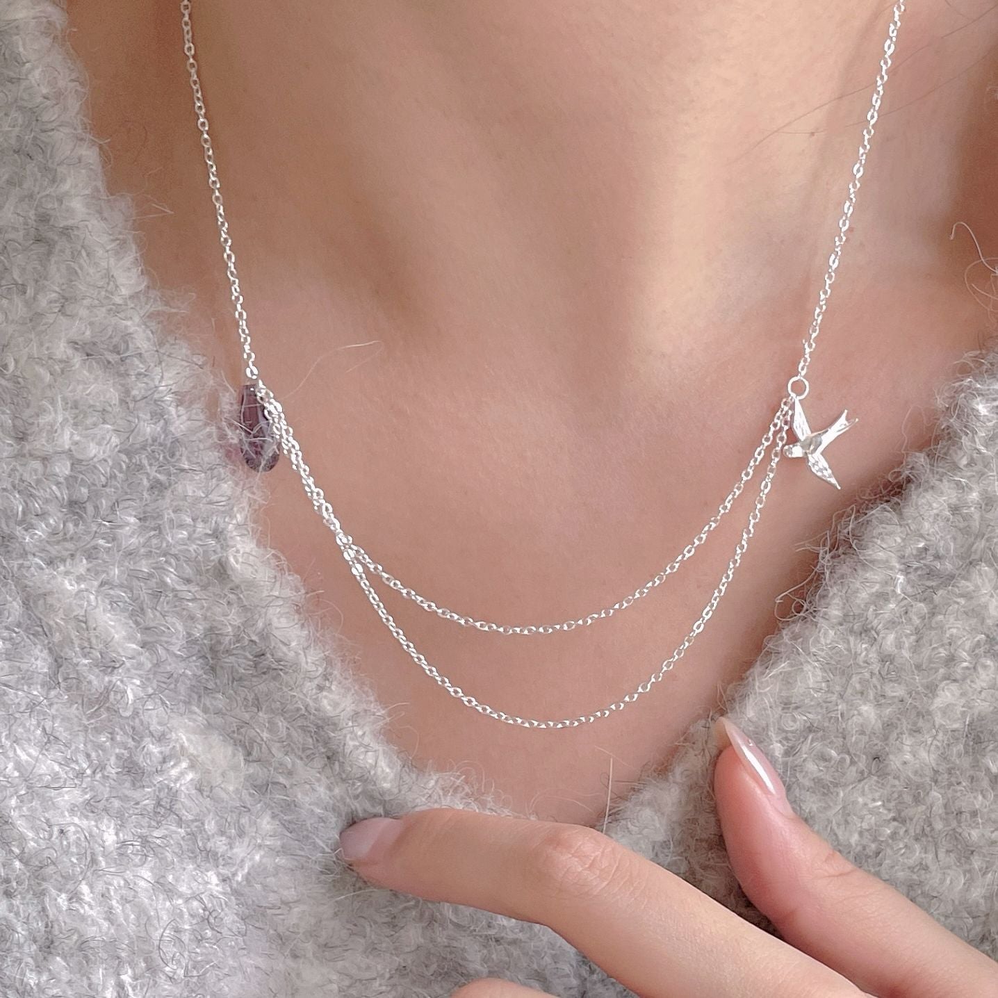 Minimalist Swallow Pendant Necklace in 925 Sterling Silver with Geometric Accents