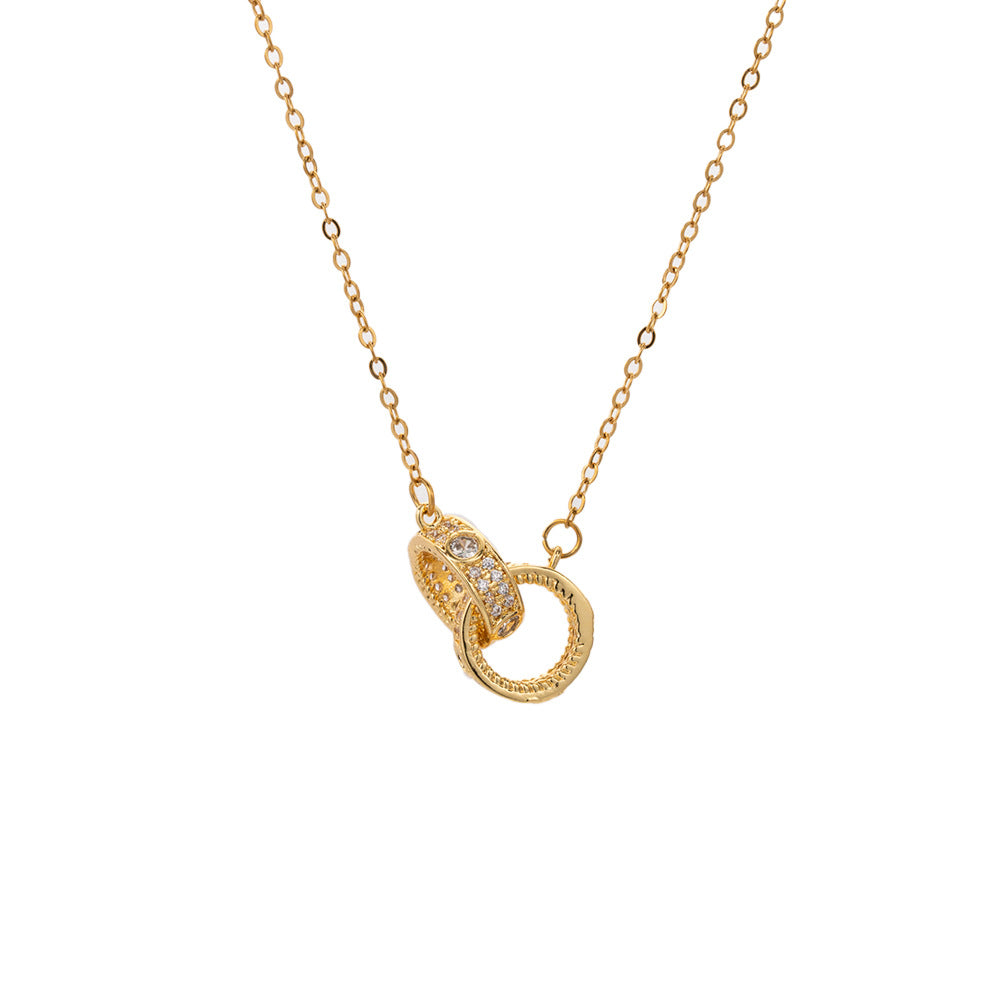 Collar con colgante geométrico de doble anillo minimalista para mujer de acero titanio con dije de cobre chapado en oro