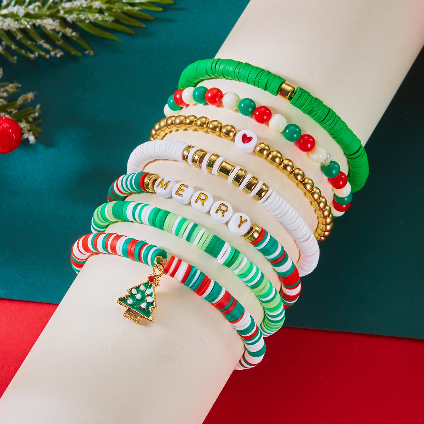 Sweet and Edgy Christmas Tree and Heart Polymer Clay Beaded Bracelet Set for Women Alloy Multi-Layer Stacking Bracelets