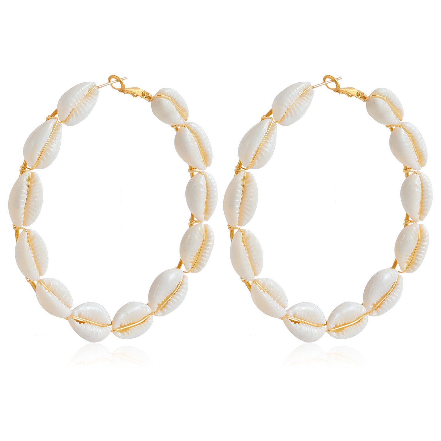 Geometric Shell Earrings for Women Handwoven Beach Vacation Jewelry with Plated Metal Hoops