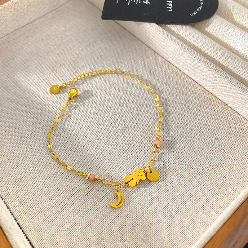 Sweet Casual Colorful Beaded Moon and Bear Titanium Steel Bracelet