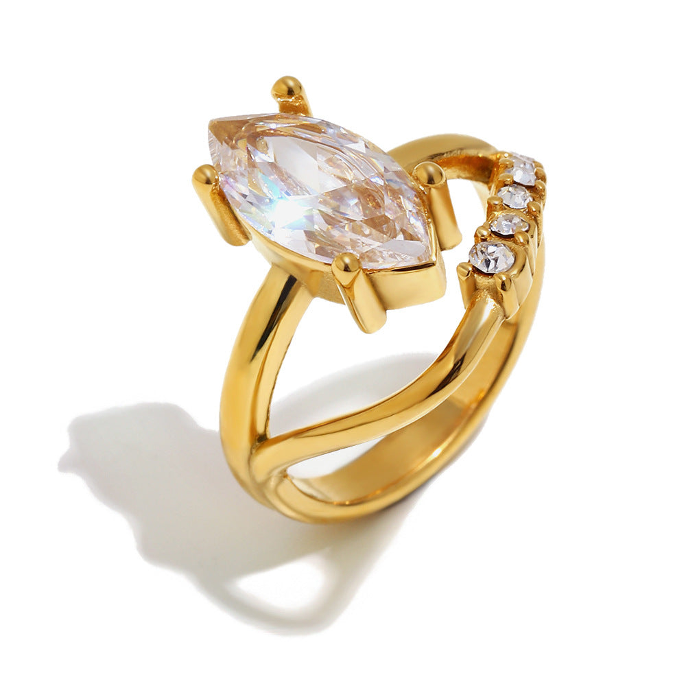 Luxury Minimalist 18K Gold Plated Stainless Steel Marquise Geometric Ring with Cubic Zirconia for Women