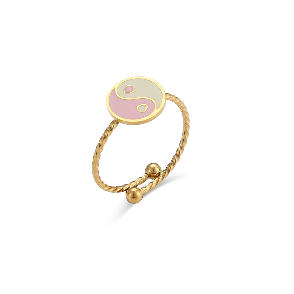 Minimalist Geometric Stainless Steel Adjustable Circle Bagua Ring with 18K Gold Plating for Women