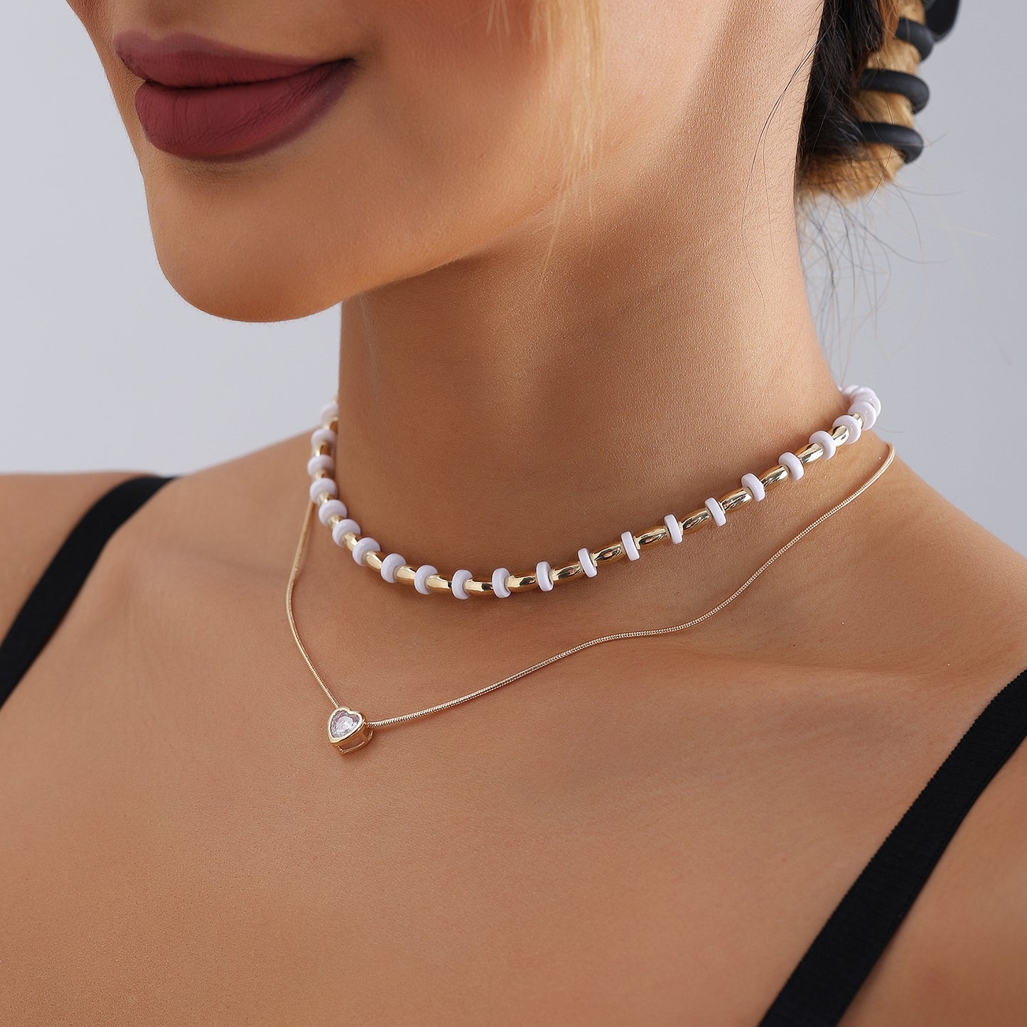 Minimalist Double-Layer Acrylic and Metal Heart Pendant Necklace for Women with Plated Finish and Clavicle Chain