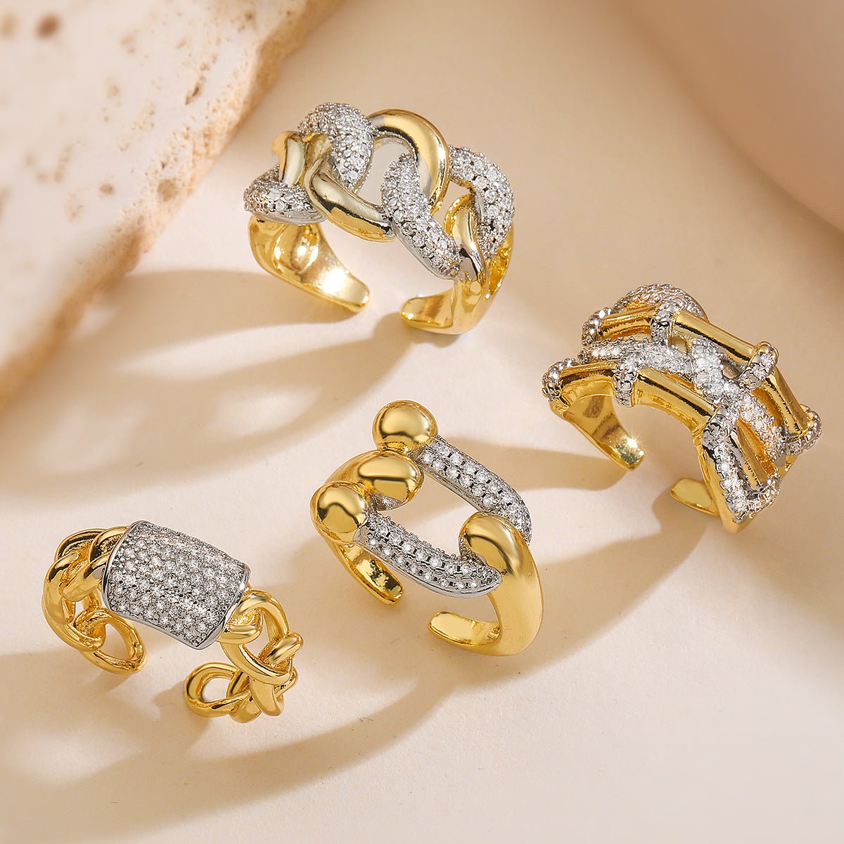 Minimalist Two-Tone Plated Geometric Open Ring with Cubic Zirconia for Women