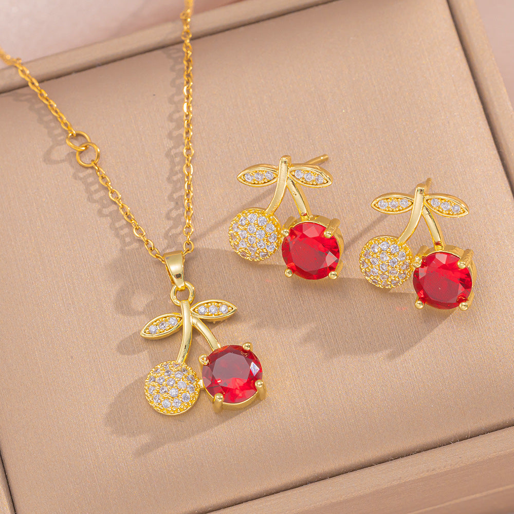 Cherry-Shaped Pendant Necklace Set for Women in Titanium Steel with Rhinestone Inlay and Polished Finish