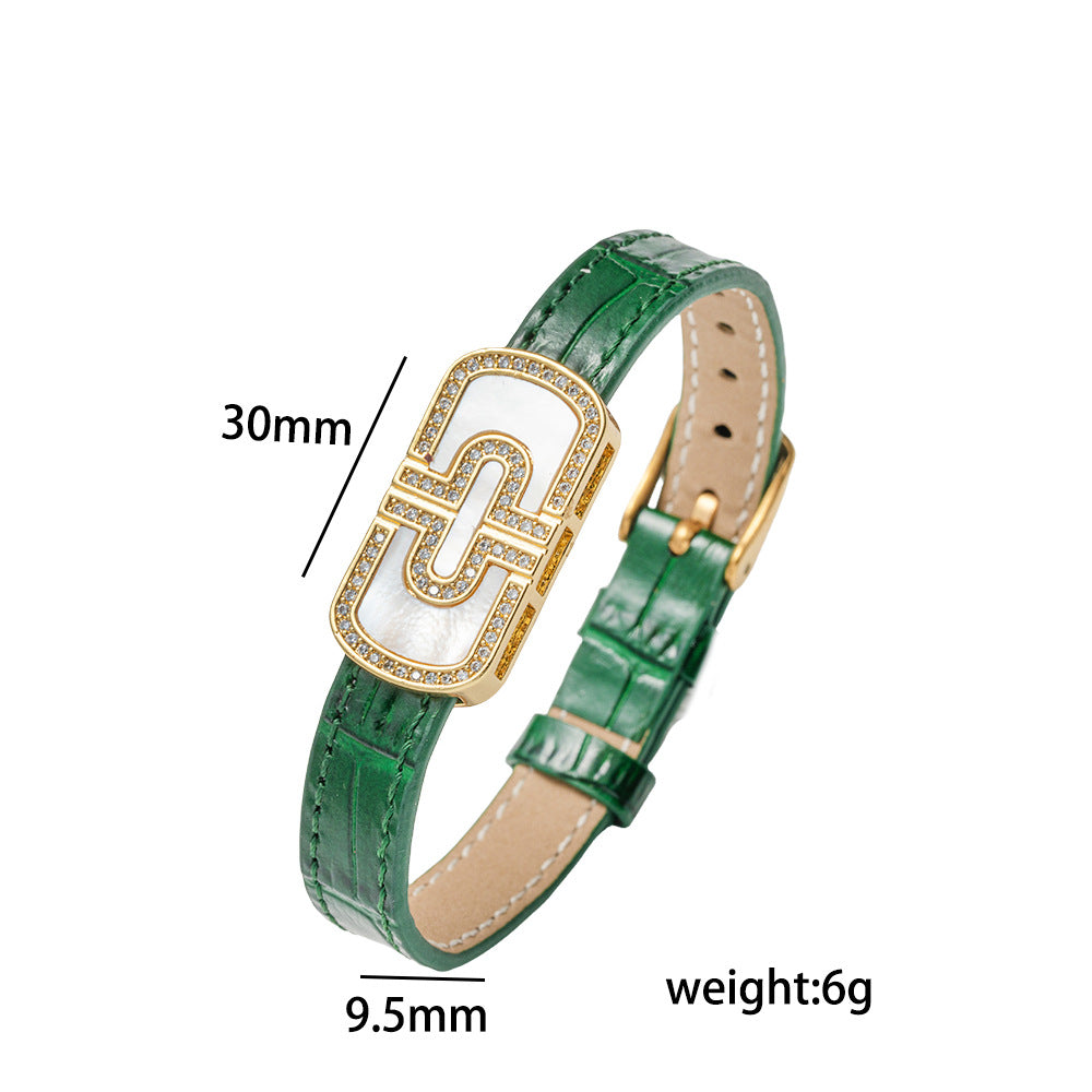 Minimalist Geometric Stainless Steel Buckle Genuine Leather Bracelet for Men and Women with Bamboo Grain Texture