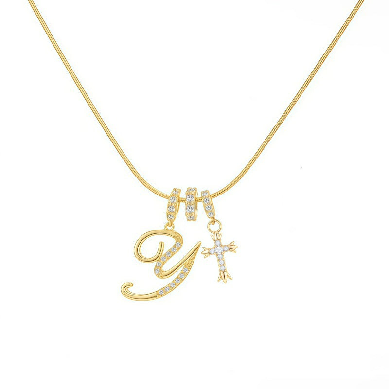 Sweet 22K Gold Plated Letter Titanium Steel Pendant Brass Cable Chain Necklace Unisex