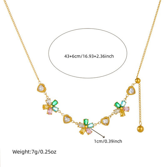 Vintage Floral Rhinestone Heart Flower Pendant Necklace and Bracelet Set in Stainless Steel Plated Box Chain