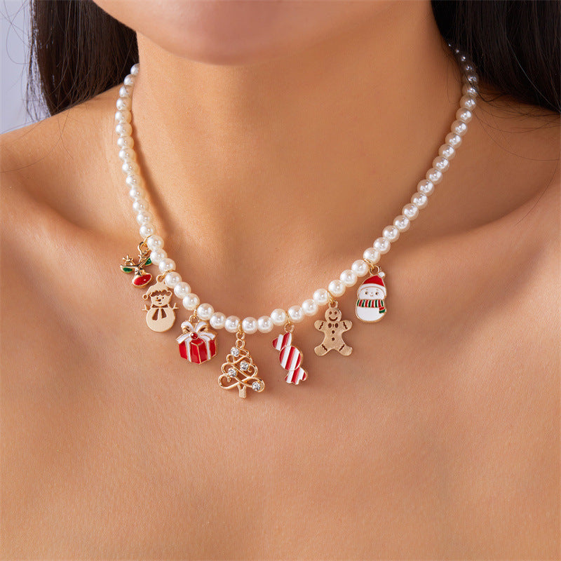 Elegant Snowflake and Christmas Tree Pendant Necklace with Imitation Pearl Accents Plated Finish for Women Holiday Jewelry