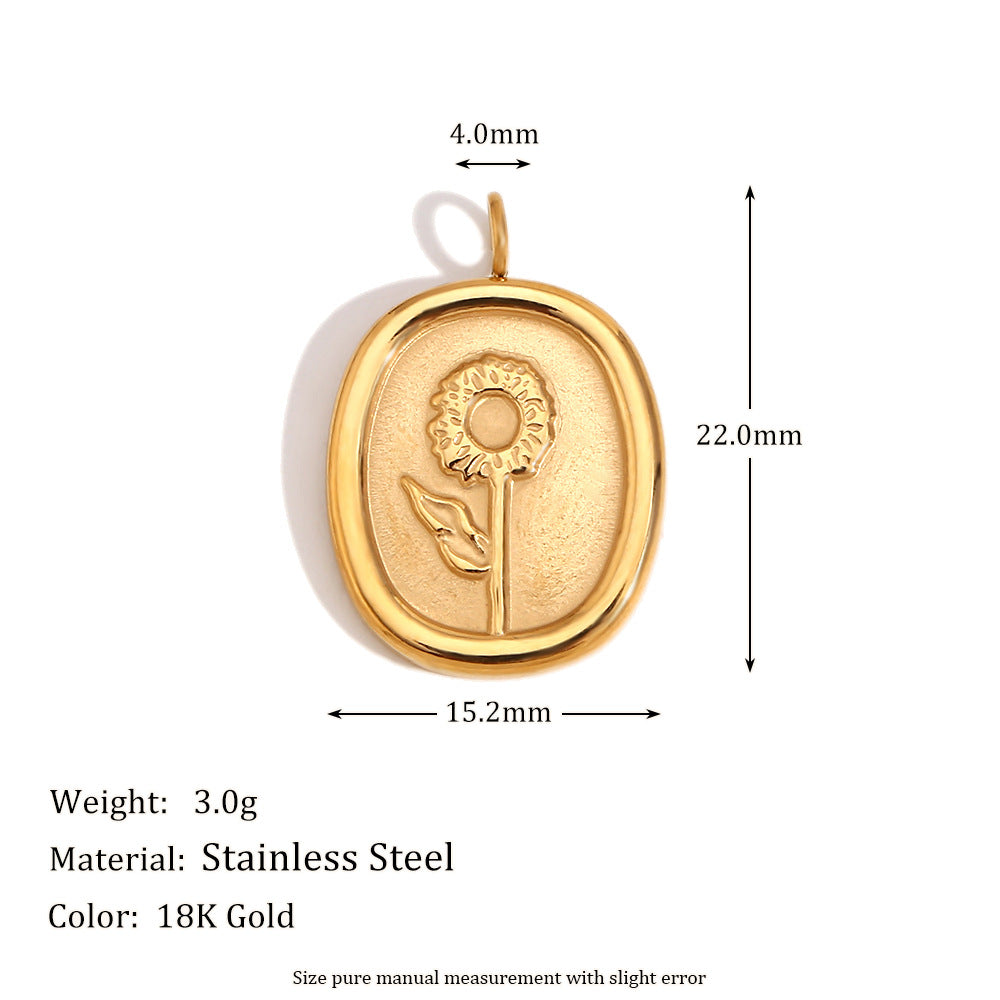 Geometric Sunflower Heart Pendant in Stainless Steel with 18K Gold Plating, Vintage-Inspired Rose and Daisy Accents for Women
