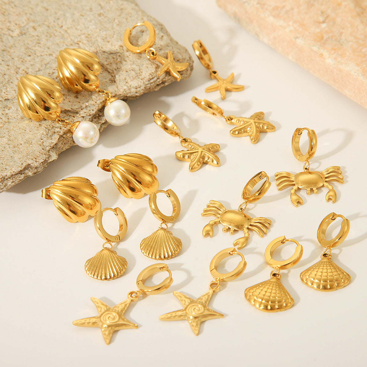INS Style Crab and Starfish Shell-Shaped Earrings for Women in Titanium Steel with 18K Gold Plating