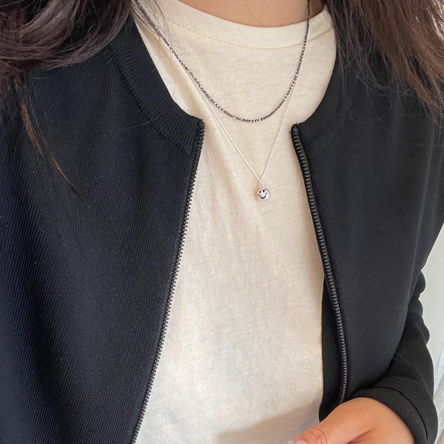 Collana con ciondolo Smiley Face da donna in argento sterling 925 con catena di perline, stile minimalista fresco e dolce