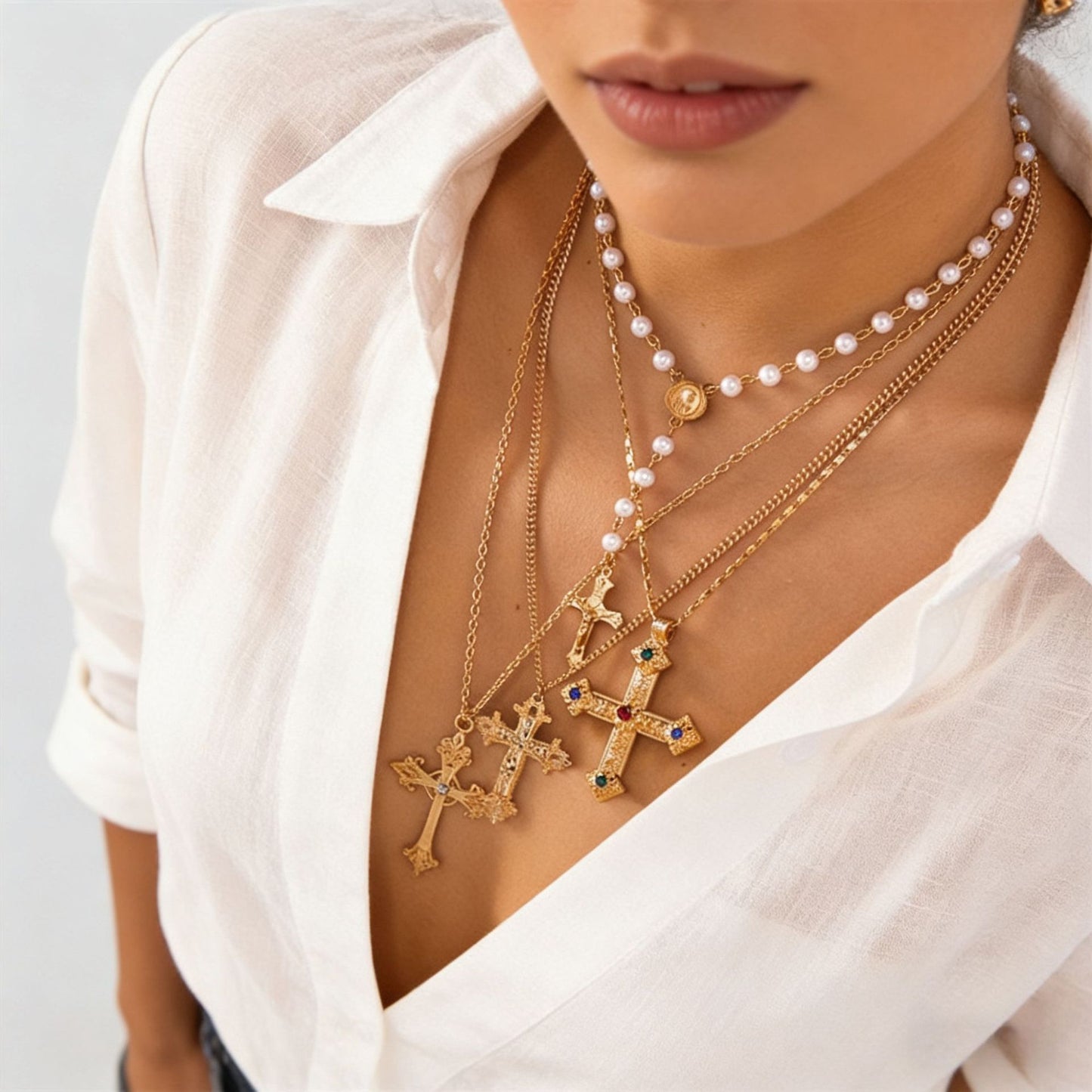 Collana pendente a croce geometrica hip-hop con catena in lega placcata e perle finte, unisex