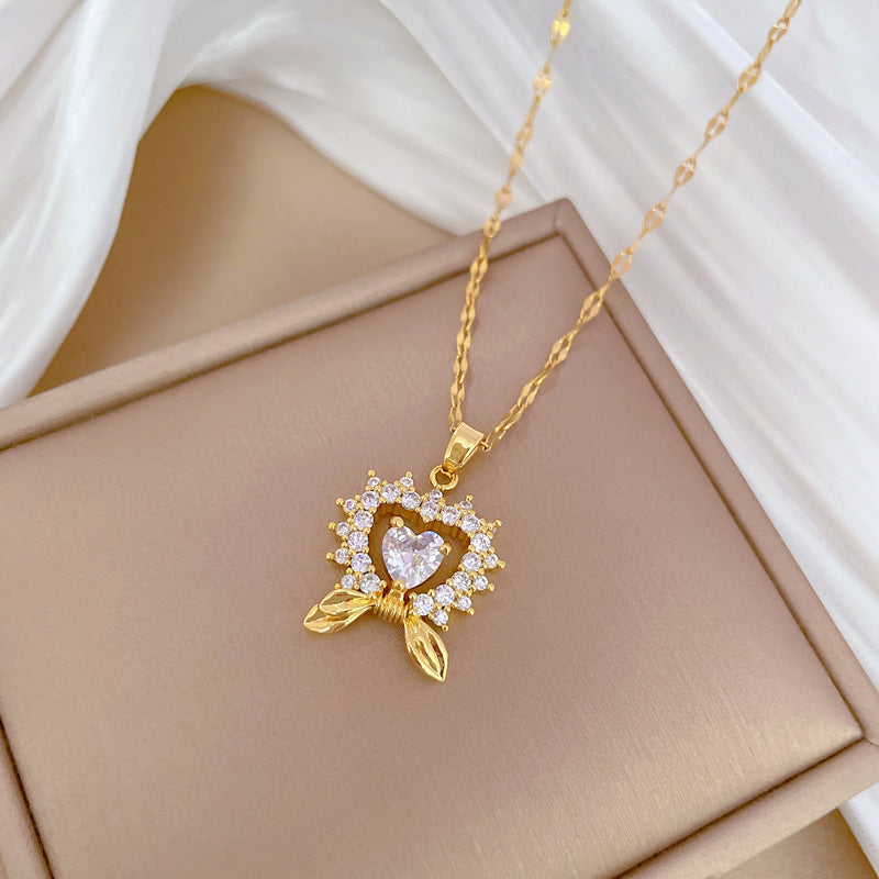 Elegante Collar con Colgante de Corazón y Lazo para Mujer Cadena de Acero Inoxidable con Acentos de Pedrería Diseño Geométrico Minimalista