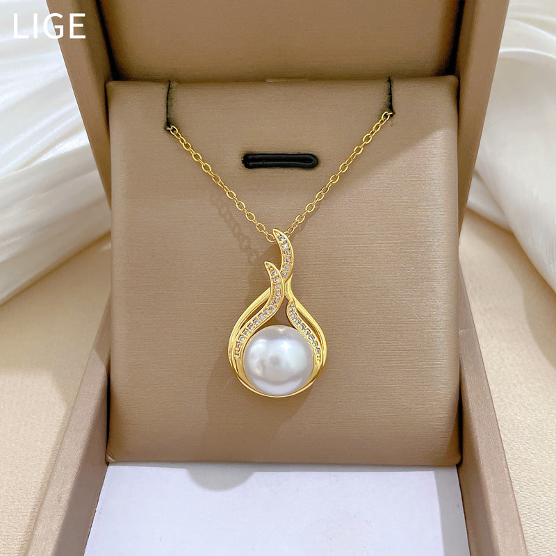 Cartoon Style Fish Tail Pearl Rhinestone Necklace for Women Stainless Steel Clavicle Chain with Starry Pattern