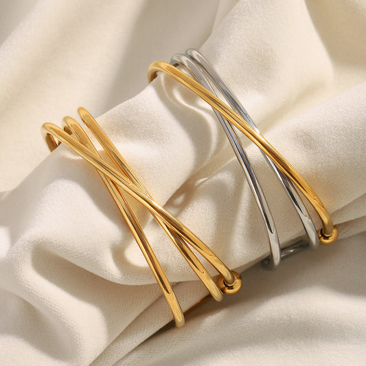 Minimalist Stainless Steel Plated 18K Gold Cross-Line Bracelet for Women with Geometric Design
