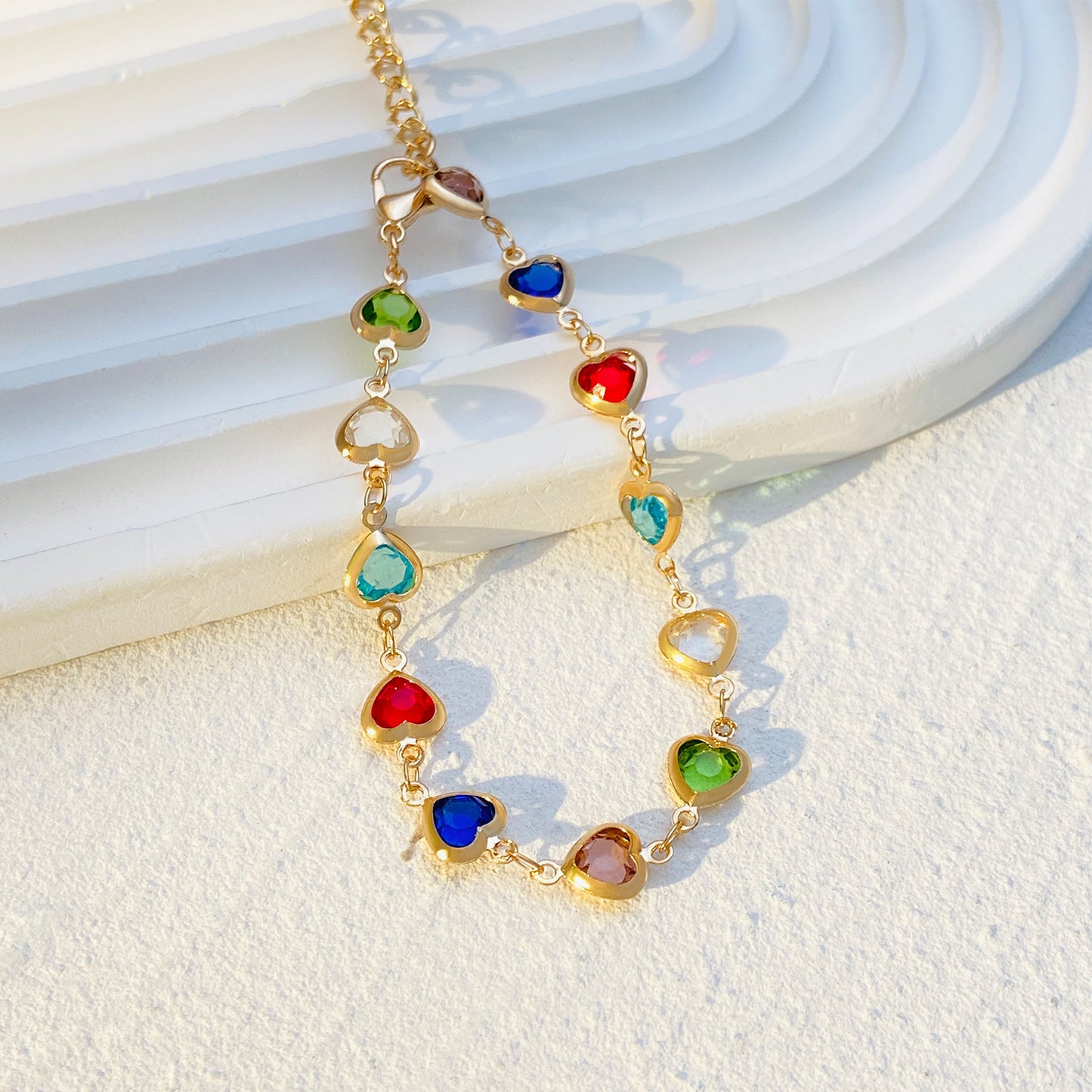 Colorful Heart Cubic Zirconia Alloy Necklace and Bracelet Set with Cable Chain