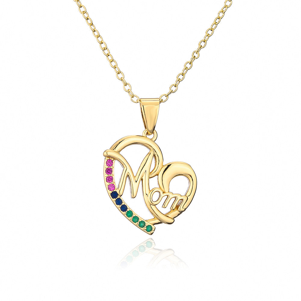 Geometric MOM Pendant Necklace in Copper with Micro-Pave Zirconia and 18K Gold Plating for Women