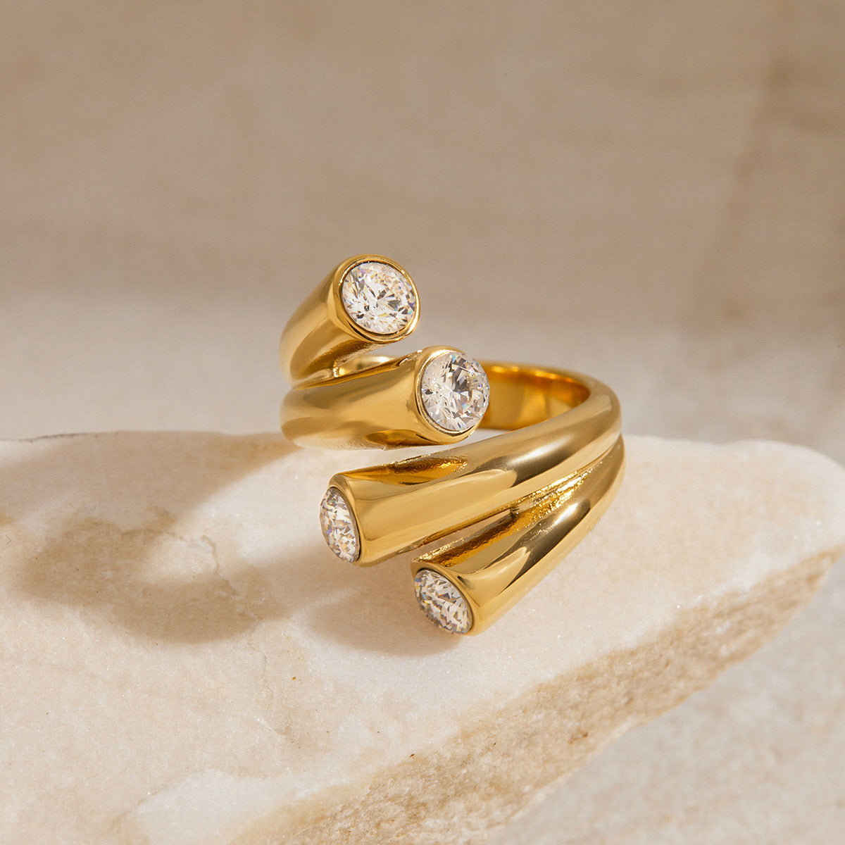 Minimalist Geometric Stainless Steel Plated Ring with Cubic Zirconia for Women