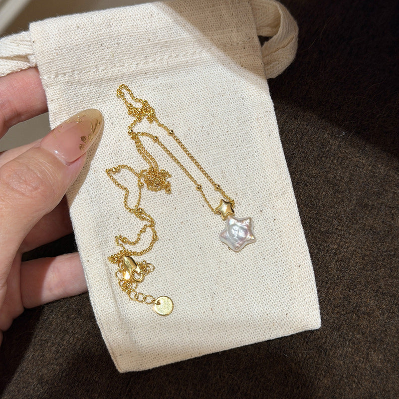 Collana minimalista placcata oro a forma di stella con perla, da donna, con design a catena per clavicola