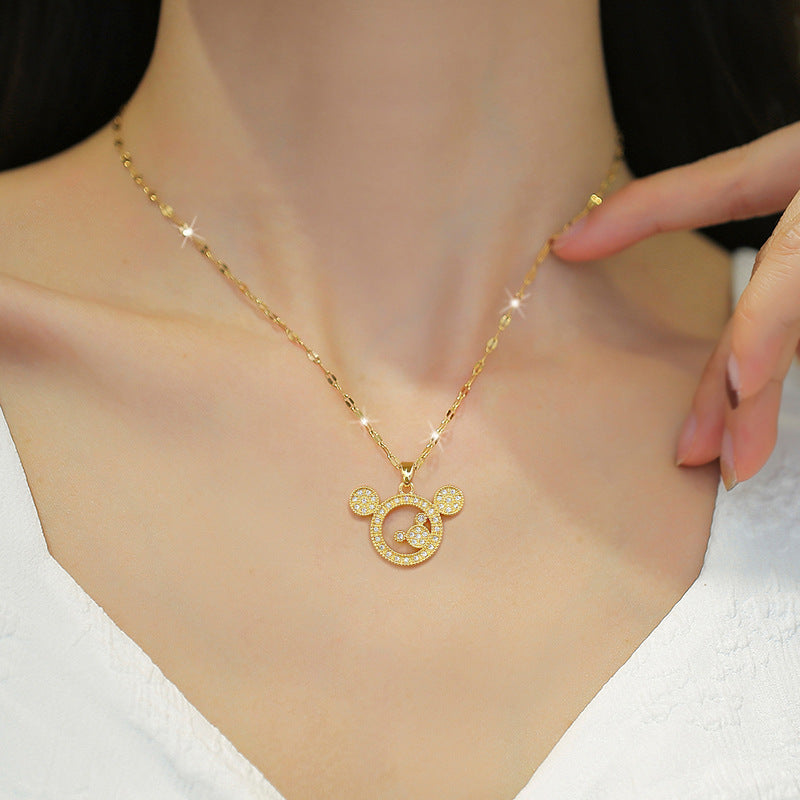 Luxury Titanium Steel Geometric Moon Pendant Necklace for Women and Men with Rhinestone Inlay and Plated Finish