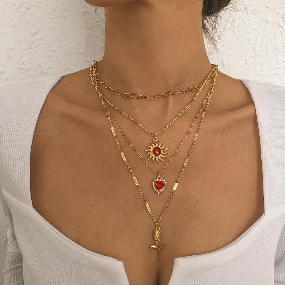 Collana Girocollo Floreale Cuore con Sole Retrò da Donna con Intarsio di Strass in Lega, Design Geometrico, Finitura Placcata