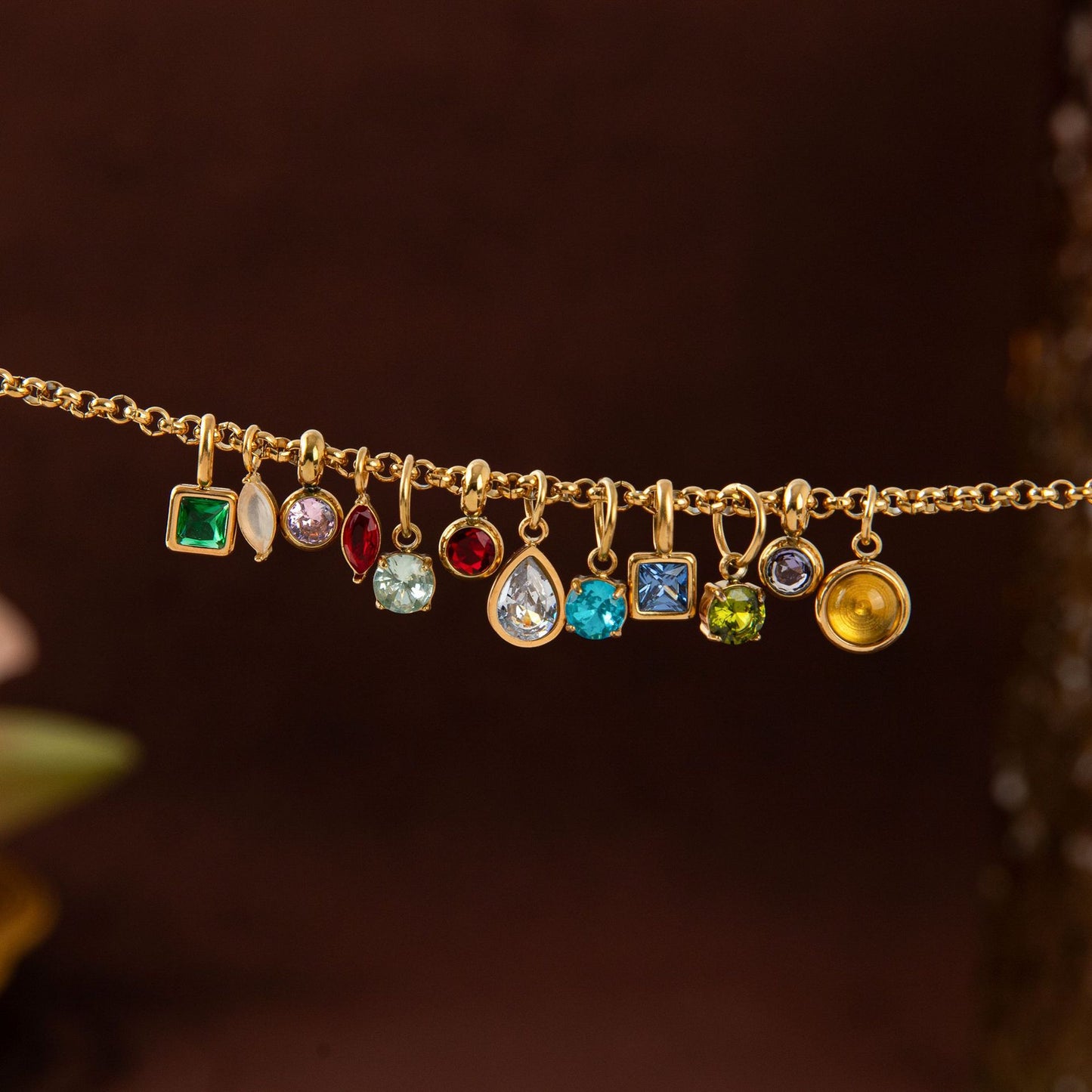 Vintage Geometric Stainless Steel 18K Gold PVD Plated DIY Charm Bar Necklace with 12 Birthstones