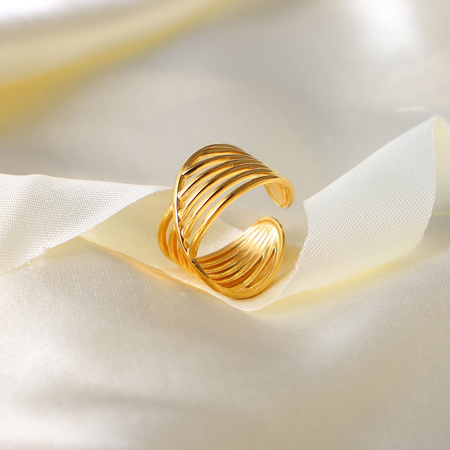 Anillo Abierto Multicapa Cruz Geométrico de Moda Bañado en Oro 18K Acero Titanio Joyería para Mujer