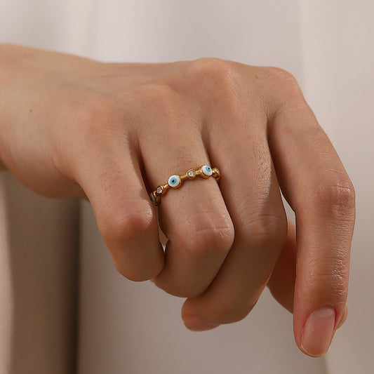 Anello da donna in acciaio inossidabile placcato oro 18 carati a forma di occhio geometrico dallo stile audace