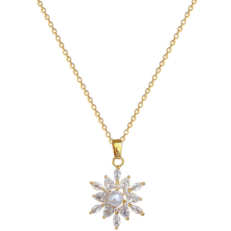 Luxury Floral Geometric Zircon Pendant Necklace in Titanium Steel Collar Chain