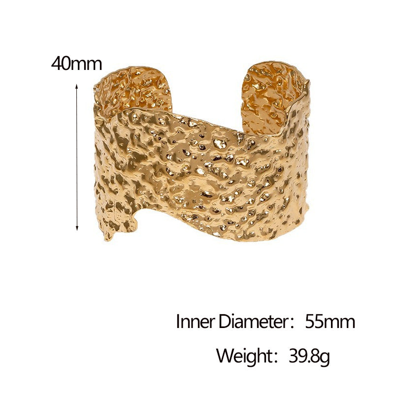 Minimalist Hammered Texture Stainless Steel Bracelet with 18K Gold Plating for Women Unisex