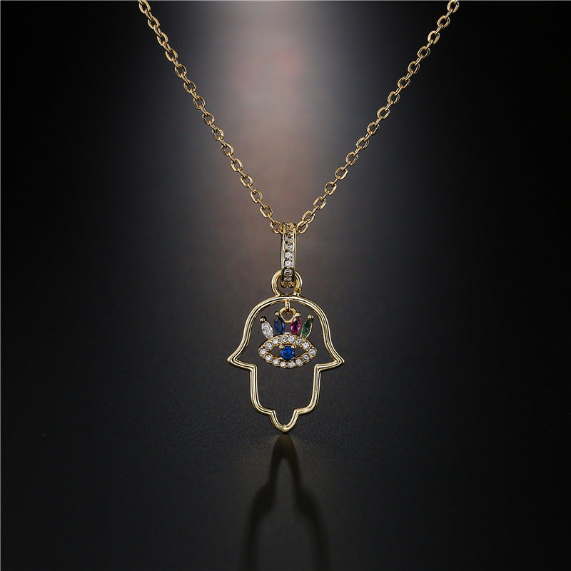 Minimalist Hand-shaped Pendant Necklace for Women in Copper with 18K Gold Plating and Enamel Finish, Set with Cubic Zirconia on O-Chain