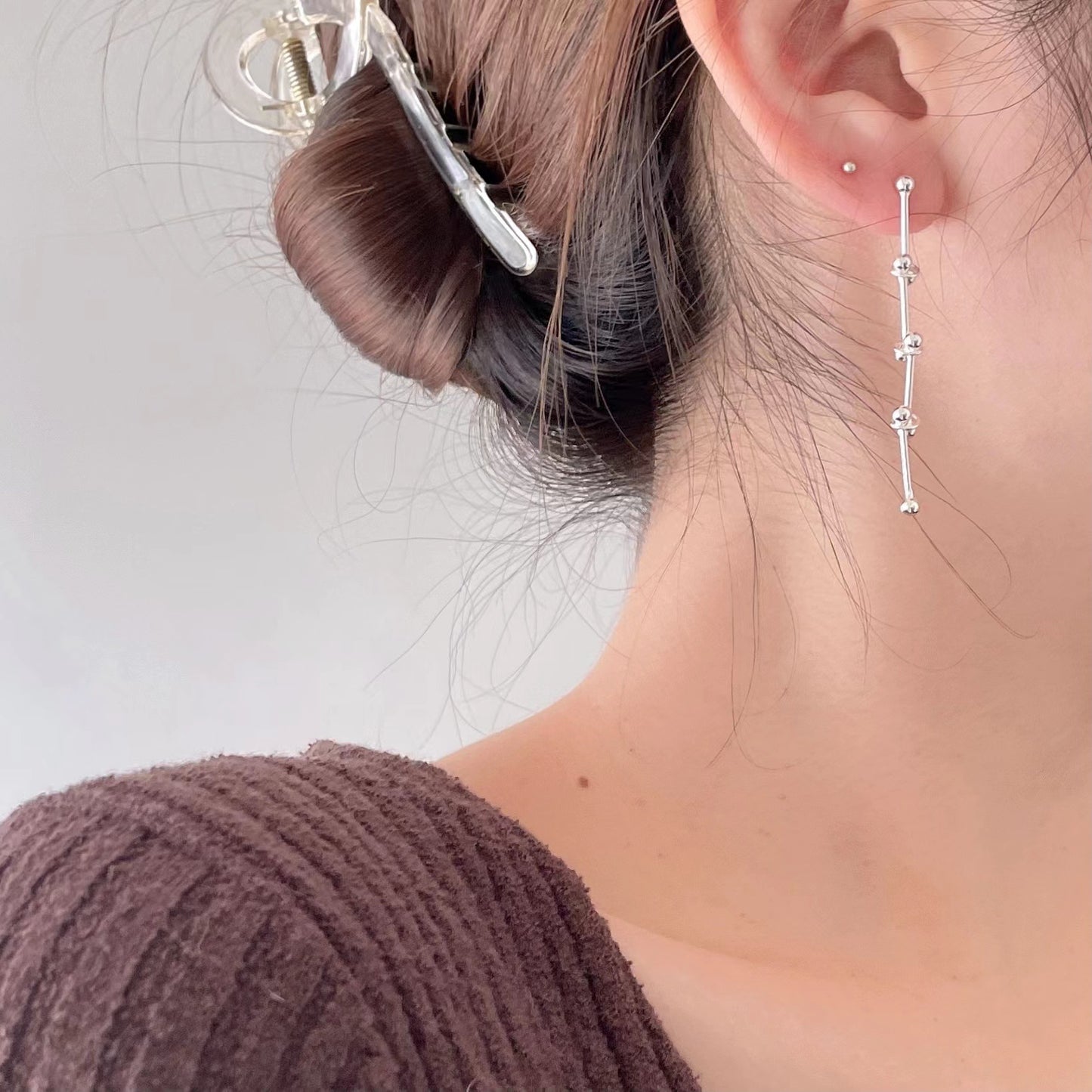Sweet 925 Sterling Silver Geometric Round Bar Bead Drop Earrings