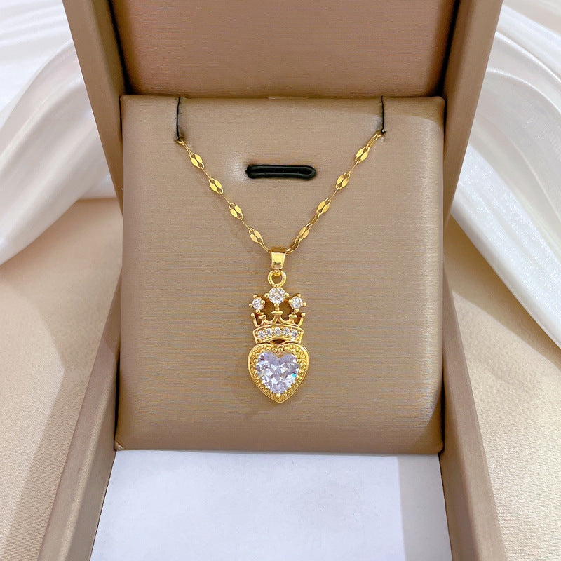 Collana in Acciaio al Titanio con Intarsi in Strass Geometrici a Cuore Dolce Minimalista di Lusso da Donna